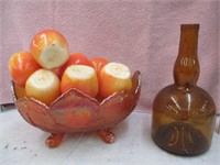 Carnival Glass Footed Fruit Bowl w Apple Candles