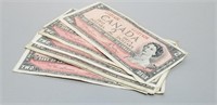 8 X 1954 Canada $2 Notes - Average Condition.