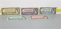 1950's Canada Notes $1, $2, $5, $10, $20. 5pcs