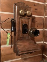 OAK WALL PHONE WITH DIAL - REPAIRED EAR PIECE