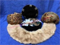(3) feather hats -velvet hat- fur collar