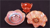 Three pieces of carnival glass: an 8 1/2" bowl,