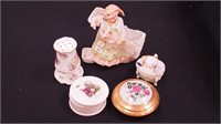Five pieces of china including a figural planter