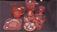11 pieces of pink Depression glass including