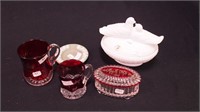 Three etched ruby souvenir glass pieces
