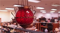 Victorian hall light with cranberry glass shade