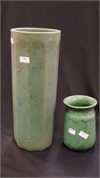 Two pieces of matte green art pottery including