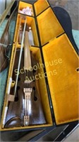 Handmade wood fiddle with bow & case. Signed &
