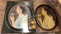 Coca Cola lot. 1973 sign & tray. And tin