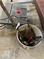 Bucket of mixed tools pulley crowbar rivet gun