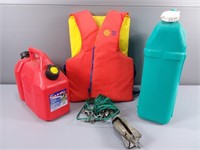 Boat Anchor, Gas/Oil Can, Water Jug & Jacket