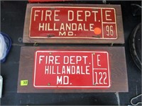 (2) PLAQUED HILLENDALE FIRE DEPT. LICENSE PLATES