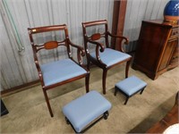 PAIR OF ORNATE UPHOLSTERED CHAIRS W FOOT STOOLS