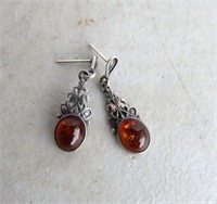 Sterling Silver Earring With Probable Amber Stones