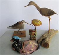 Carved Shore Birds, Paper Mache Duck, Etc