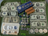 Tray Lot Blue Seal $1 Bills, Eisenhower Dollars,