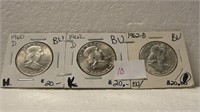 1960-D, 2 - 1962-D BU FRANKLIN HALF DOLLARS