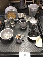 Tray of assorted antique pewter items.