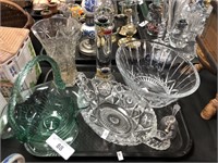 Tray of cut glass items.