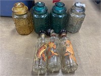 Carnival glass jars, wildlife bottles.