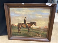 Oil painting Fox Hunt w Horse.