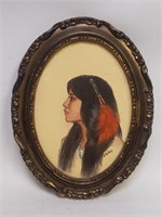 Signed Native American Profile Oil On Canvas