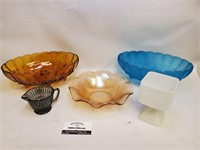 5 Pc Vtg Amber Aqua Glass Bowls Fruit Basket