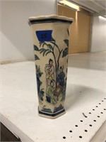 11" tall Asian white and blue ceramic vase