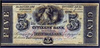 1800's $5 Citizens' Bank Obsolete Note