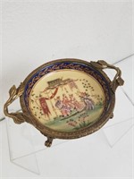 Footed Chinese Ceramic Dish w/ Brass Handles