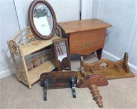 small wood trunk, shelves & misc. household items
