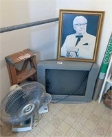 Sanyo TV, 2-fans, step stool & Colonel Sanders pic