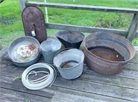 wash tub, buckets, pans & metal lid