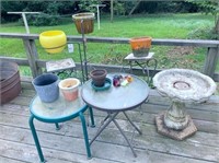 bird bath, flower pots, small yard tables & plant