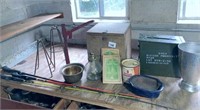 old wood box, ammo box, oil lamp & misc. household