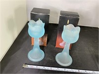 Frosted Blue Glass Candle Sticks