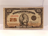 Dominion of Canada 25 Cents Bill 1923 Cutting Errr