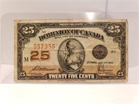 Dominion of Canada 25 Cents Bill 1923 Printing Err