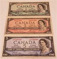 Canada Five, Two & One Dollar Bills 1954