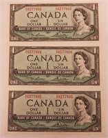 1954 Canada One Dollar Bills (3X) Sequence
