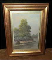 sm. oil of river w/trees signed Tex Moore
