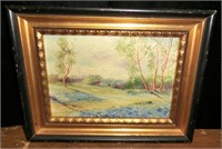 sm. oil on board valley w/blue flowers with a