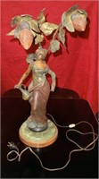 26" French spelter Nouveau Lady newel post lamp