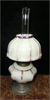 Ribbed milk glass mini oil lamp & shade with tin