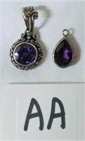 2 small sterling and amethyst necklace drops lot