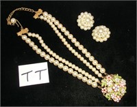 costume pearl necklace, pin and ear rings