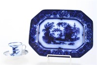 Chen-Si 19th C Flow Blue Platter and Cup