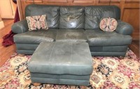 Green Leather Sofa Bed Couch & ottoman