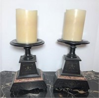 Two Onyx Candle Stands with Marble Trim