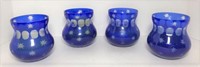 Four Cobalt Cut to Clear Candle Holders